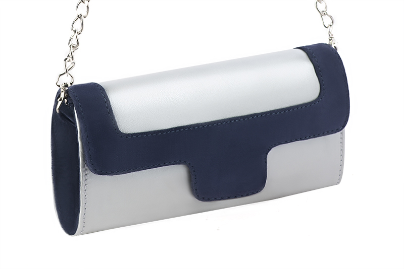 Light silver and navy blue women's dress clutch, for weddings, ceremonies, cocktails and parties. Front view - Florence KOOIJMAN